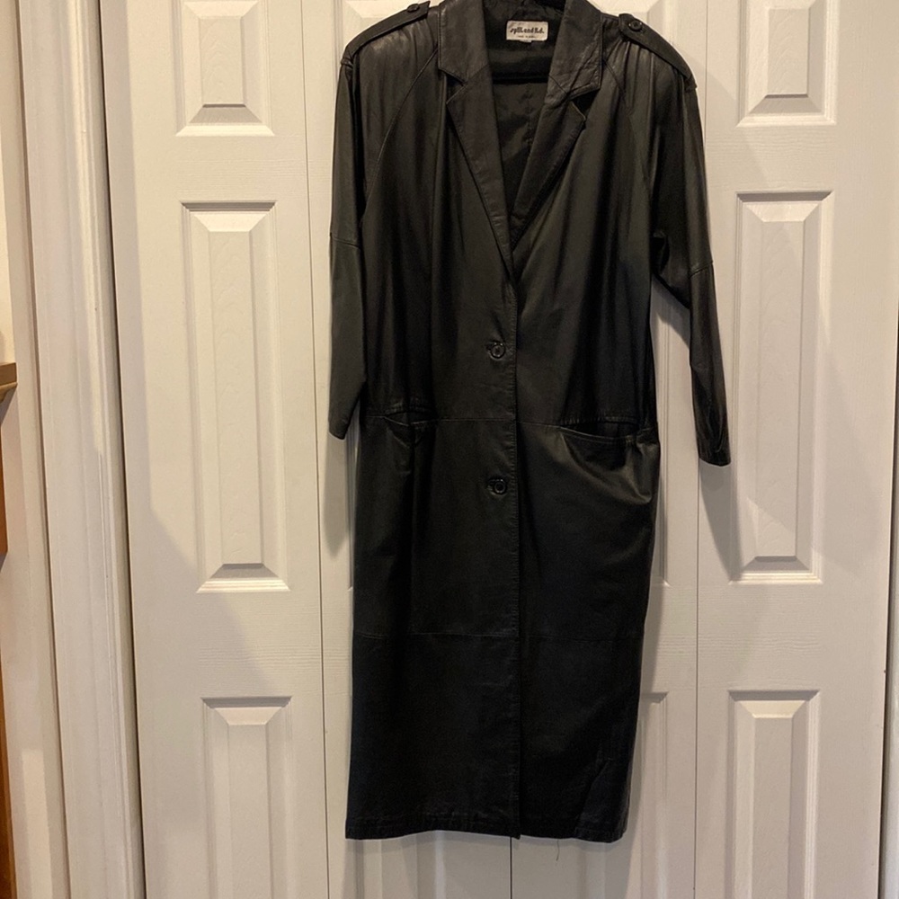 Full length long black leather coat